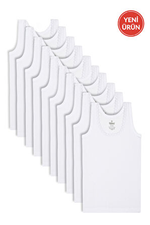 Özkan 0800 10'lu Paket Kız Çocuk Ribana %100 Pamuklu Esnek Rahat Kalın Askılı Yakası Brode Papatya Detaylı Atlet