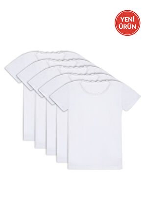Özkan 42781 5'li Paket Kız Çocuk Pamuklu Süprem Yakası Dantel Detaylı Esnek Rahat Kısa Kollu Atlet Fanila Tişört