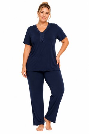 Özkan 1000-18-19 Kadın Bambu Kumaş Önü Patlı Dantelli Kısa Kollu Büyük Beden Pijama Takımı