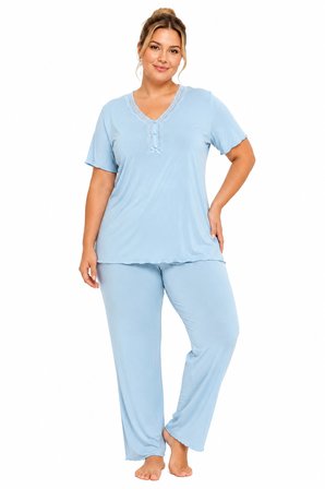 Özkan 1000-18-19 Kadın Bambu Kumaş Önü Patlı Dantelli Kısa Kollu Büyük Beden Pijama Takımı