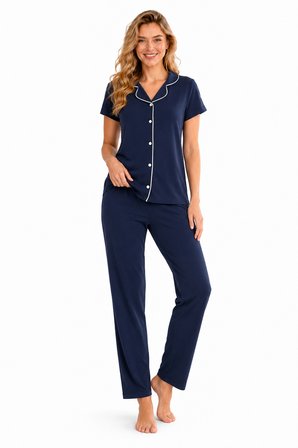 Özkan 1000-21 Kadın Önü Düğmeli Kısa Kollu Biyeli Gömlek Yaka Kısa Kollu  Pijama Takımı
