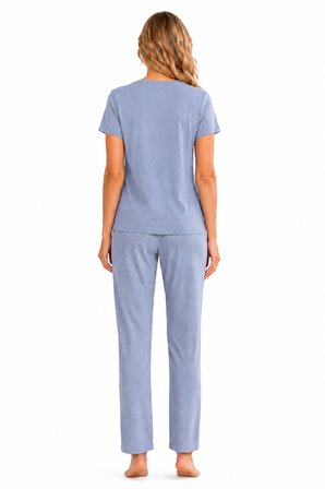 Özkan 1000-22-26 Kadın Pamuklu Likralı Önü Baskılı Karışık Desenli Kısa Kollu Bisiklet Yaka Pijama Takımı