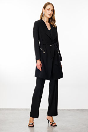 7561 MODAİLGİ ŞAL YAKA BELDEN KUŞAKLI UZUN CEKET