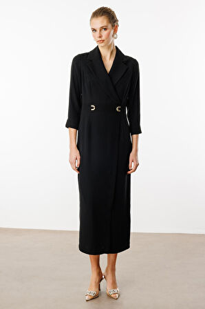 Moda İlgi Kadın Beli Aksesuarlı Cepli Kruvaze Elbise 6626 Siyah