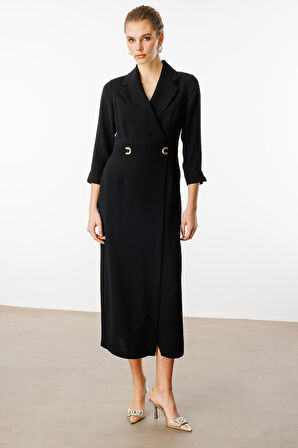 Moda İlgi Kadın Beli Aksesuarlı Cepli Kruvaze Elbise 6626 Siyah