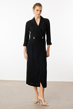 Moda İlgi Kadın Beli Aksesuarlı Cepli Kruvaze Elbise 6626 Siyah