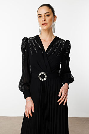 Moda İlgi Kadın Kolları ve Omuzları Taşlı Beli Kemerli Piliseli Uzun Elbise 6645 Siyah