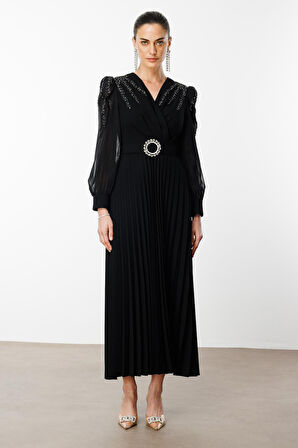 Moda İlgi Kadın Kolları ve Omuzları Taşlı Beli Kemerli Piliseli Uzun Elbise 6645 Siyah