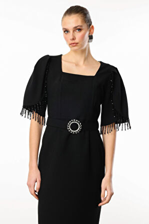 Moda İlgi Kadın Kolları Şerit Boncuk Aksesuarlı Elbise 0001 Siyah