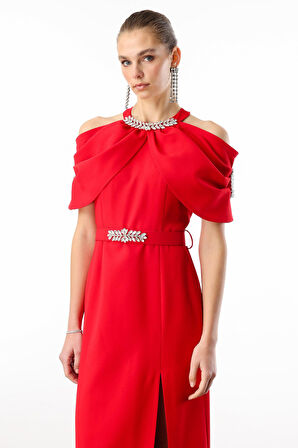 Moda İlgi Kadın Yakası ve Kemeri Aksesuar Detaylı Elbise 0007 Kırmızı