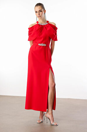 Moda İlgi Kadın Yakası ve Kemeri Aksesuar Detaylı Elbise 0007 Kırmızı