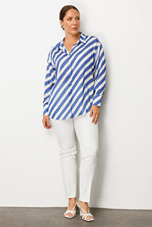 Moda İlgi Kadın Büyük Beden Verevli Klasik Saten Gömlek 0002 Saks