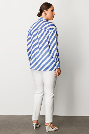 Moda İlgi Kadın Büyük Beden Verevli Klasik Saten Gömlek 0002 Saks