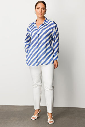 Moda İlgi Kadın Büyük Beden Verevli Klasik Saten Gömlek 0002 Saks