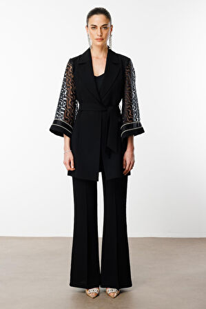 Moda İlgi Kadın Evaze Kol Şerit Taş Aksesuarlı Uzun Ceket 0027 Siyah