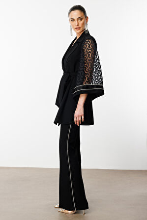 Moda İlgi Kadın Evaze Kol Şerit Taş Aksesuarlı Uzun Ceket 0027 Siyah