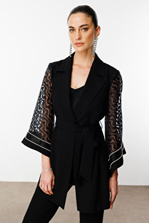 Moda İlgi Kadın Evaze Kol Şerit Taş Aksesuarlı Uzun Ceket 0027 Siyah