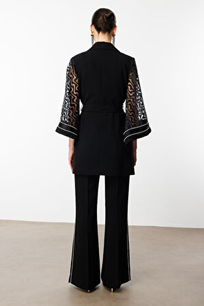 Moda İlgi Kadın Evaze Kol Şerit Taş Aksesuarlı Uzun Ceket 0027 Siyah