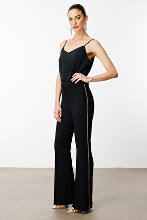 Moda İlgi Kadın Yanı Şerit Taş Aksesuarlı Pantolon 0077 Siyah