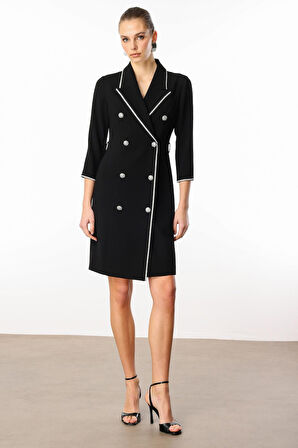 Moda İlgi Kadın Taş Şeritli Kruvaze Elbise 0005 Siyah