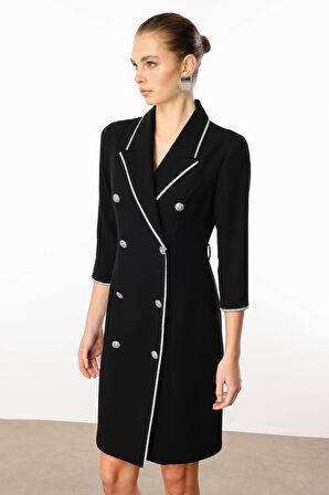 Moda İlgi Kadın Taş Şeritli Kruvaze Elbise 0005 Siyah