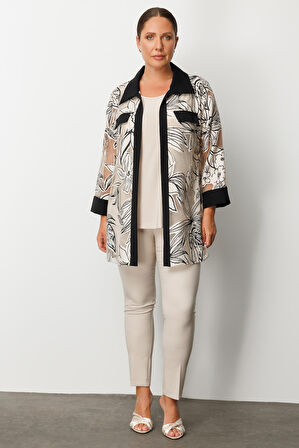 Moda İlgi Kadın Büyük Beden Çiçek Organzeli Uzun Kollu İkili Takım 0264 Siyah