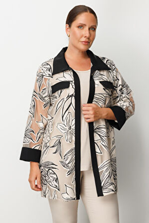 Moda İlgi Kadın Büyük Beden Çiçek Organzeli Uzun Kollu İkili Takım 0264 Siyah