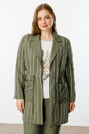 Moda İlgi Kadın Büyük Beden Mono Yaka Çizgili Tunik 40235 Haki