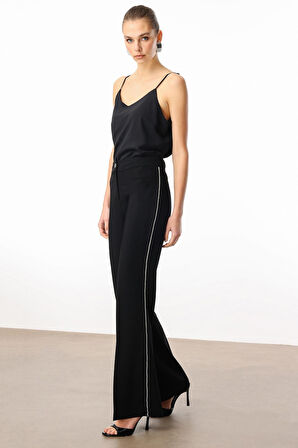 Moda İlgi Kadın Yanları Şerit Swaroski Pantolon 5008 Siyah