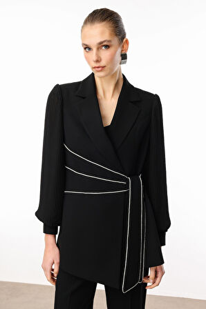 Moda İlgi Kadın Kolları Piliseli Şerit Aksesuarlı Ceket 5008 Siyah