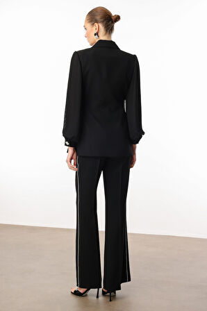 Moda İlgi Kadın Kolları Piliseli Şerit Aksesuarlı Ceket 5008 Siyah