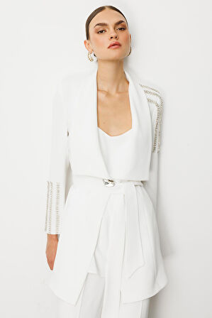 Moda İlgi Kadın Omuz ve Kol Taş İşleme Detaylı Şal Yaka Kuşaklı Ceket 5007 Ekru