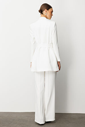 Moda İlgi Kadın Omuz ve Kol Taş İşleme Detaylı Şal Yaka Kuşaklı Ceket 5007 Ekru