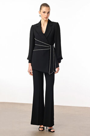 Moda İlgi Kadın Kolları Piliseli Şerit Aksesuarlı Ceket 5008 Siyah