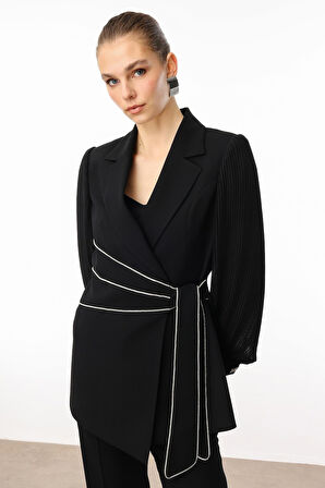 Moda İlgi Kadın Kolları Piliseli Şerit Aksesuarlı Ceket 5008 Siyah