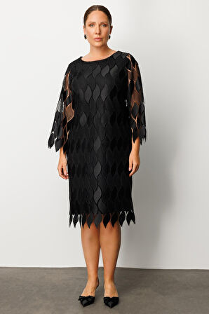 Moda İlgi Kadın Büyük Beden Ön Kısım Güpür Dantelli Elbise 0006 Siyah