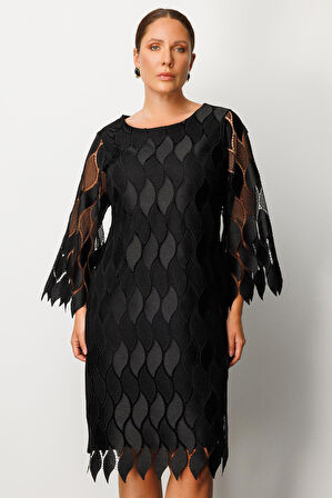 Moda İlgi Kadın Büyük Beden Ön Kısım Güpür Dantelli Elbise 0006 Siyah