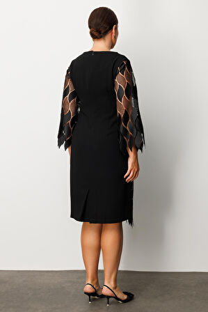 Moda İlgi Kadın Büyük Beden Ön Kısım Güpür Dantelli Elbise 0006 Siyah