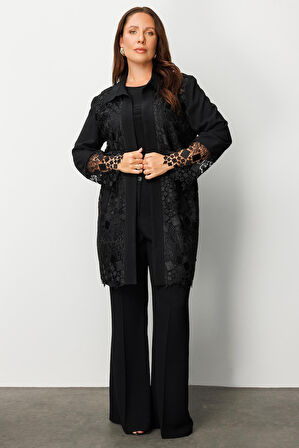 Moda İlgi Kadın Büyük Beden Önü Güpür Dantelli Tunik 0256 Siyah