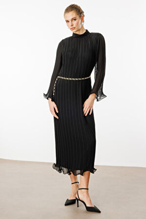 Moda İlgi Kadın Etek ve Kol Ucu Volanlı Pliseli Zincir Kemerli Midi Boy Elbise 0060 Siyah