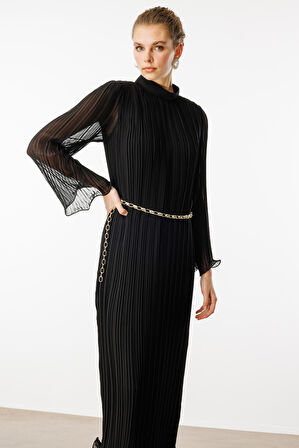 Moda İlgi Kadın Etek ve Kol Ucu Volanlı Pliseli Zincir Kemerli Midi Boy Elbise 0060 Siyah