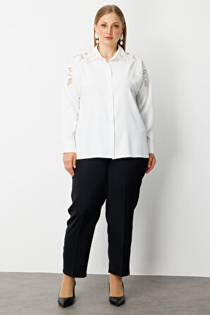 Moda İlgi Kadın Büyük Beden Nakış Detaylı Oversize Gömlek 0041 Ekru