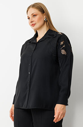 Moda İlgi Kadın Büyük Beden Nakış Detaylı Oversize Gömlek 0041 Siyah