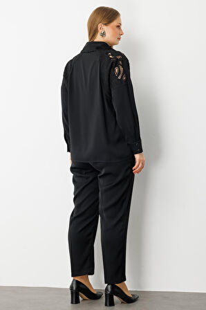 Moda İlgi Kadın Büyük Beden Nakış Detaylı Oversize Gömlek 0041 Siyah