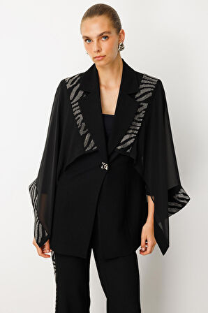 Moda İlgi Kadın Şifon Pelerin Detaylı Taş İşlemeli Ceket 0065 Siyah