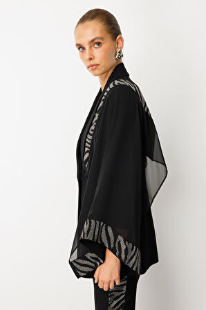 Moda İlgi Kadın Şifon Pelerin Detaylı Taş İşlemeli Ceket 0065 Siyah