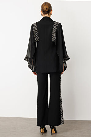 Moda İlgi Kadın Şifon Pelerin Detaylı Taş İşlemeli Ceket 0065 Siyah