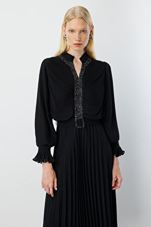 Moda İlgi Kadın Ön Bedeni Taşlı Piliseli Elbise 0060 Siyah