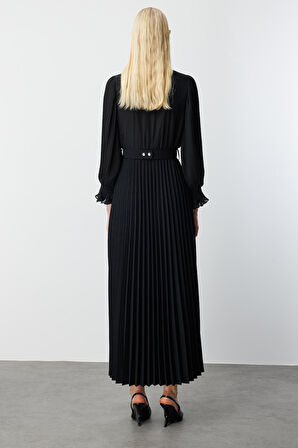 Moda İlgi Kadın Ön Bedeni Taşlı Piliseli Elbise 0060 Siyah