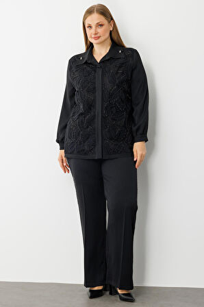 Moda İlgi Kadın Büyük Beden Yaprak Desenli Boncuk Detaylı Takma Kol Gömlek 0052 Siyah
